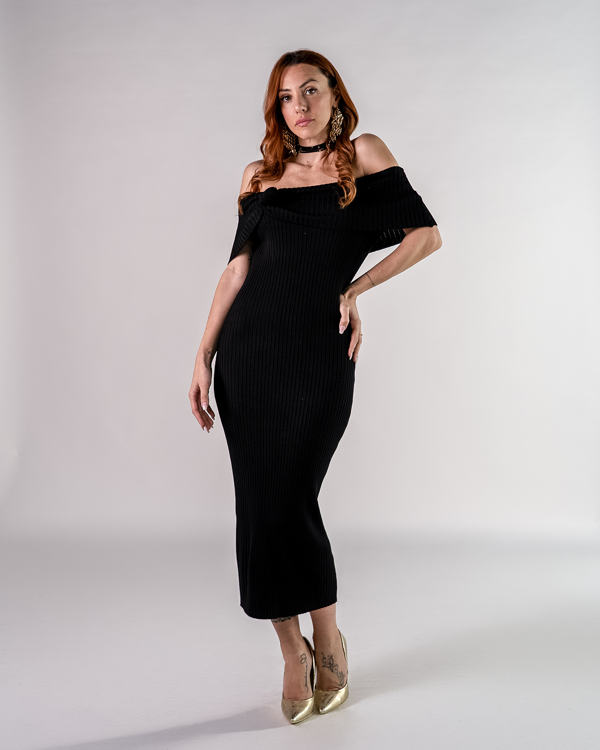 Abito Midi in Maglia Scollo Bardot