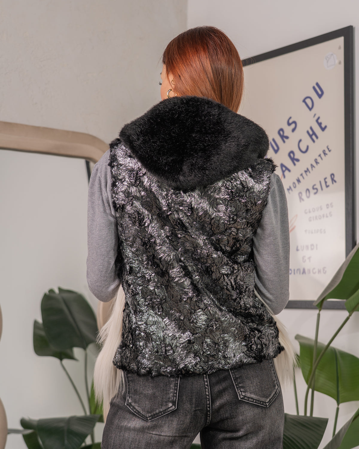 Pelliccia Ecologica Smanicata Bicolore con Cappuccio