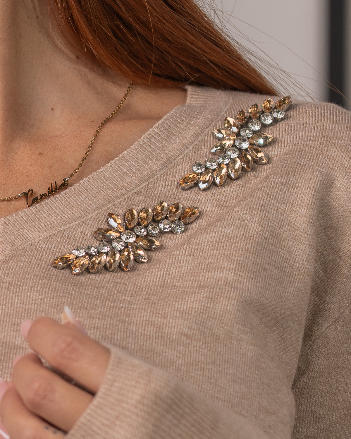 Maglia Rasata Beige con Strass