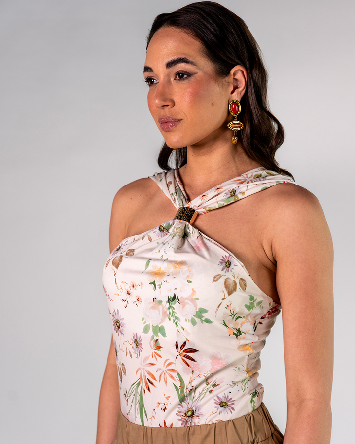 Top Floreale Scollo Incrociato