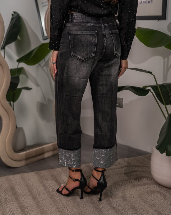 Jeans con Piegone e Strass