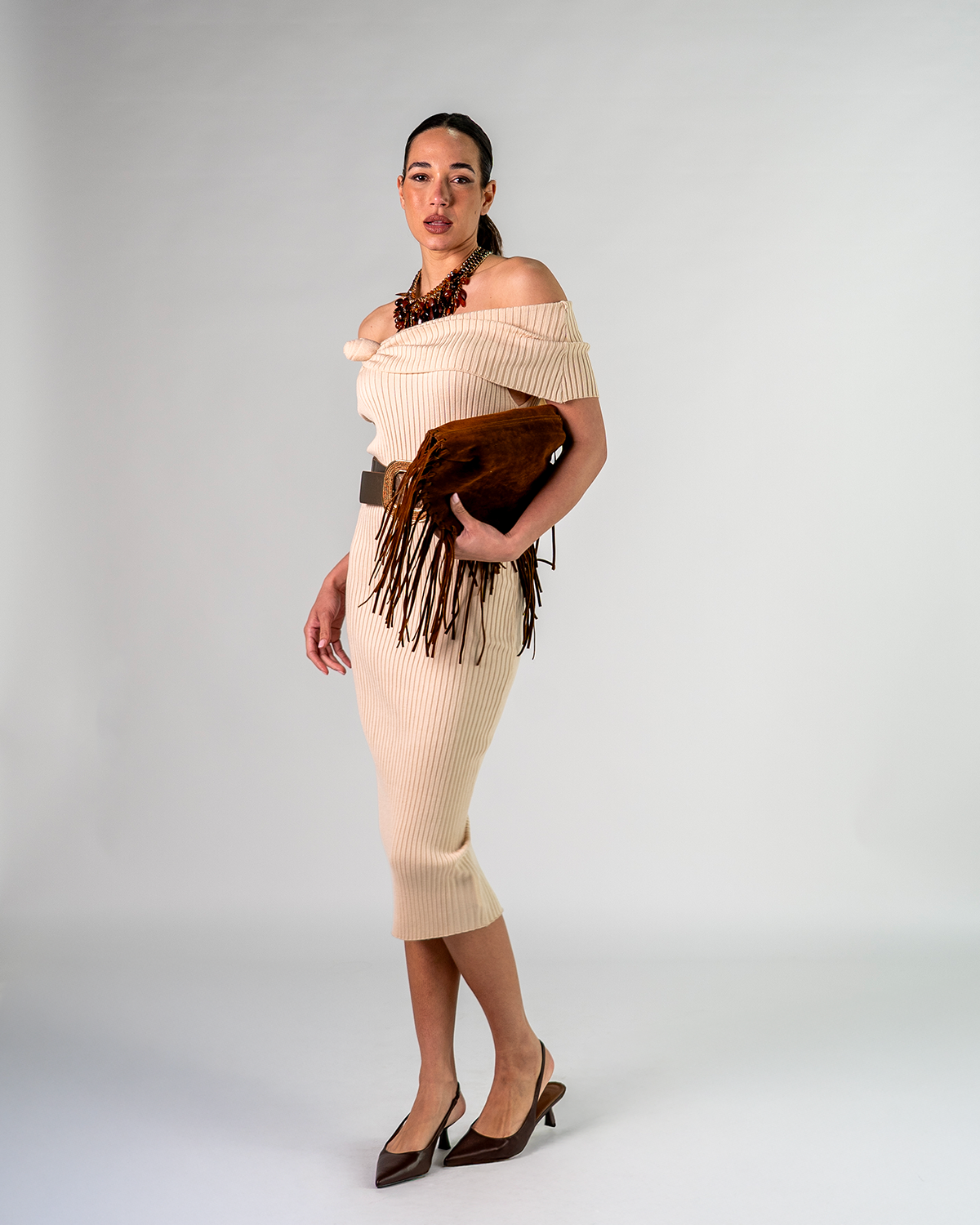 Abito Midi in Maglia Scollo Bardot