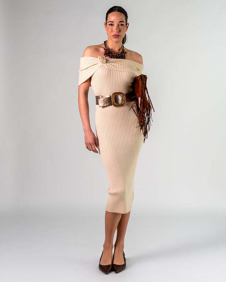 Abito Midi in Maglia Scollo Bardot