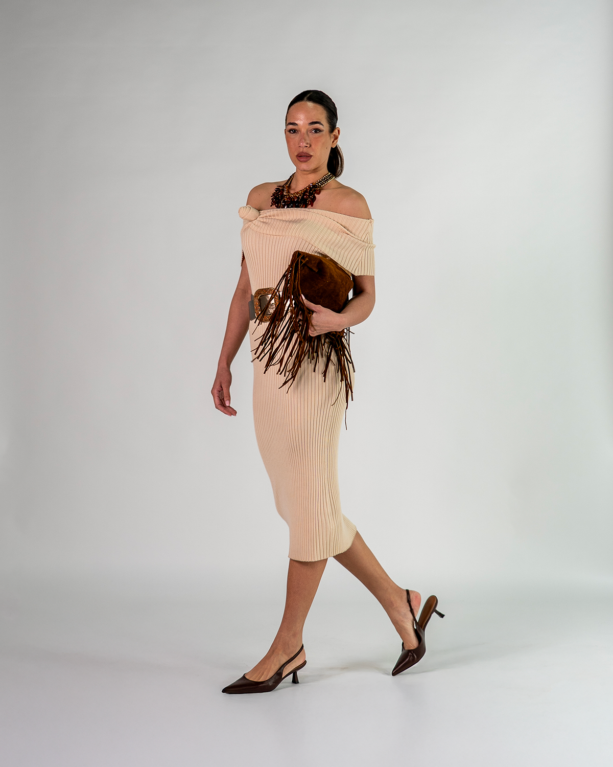 Abito Midi in Maglia Scollo Bardot