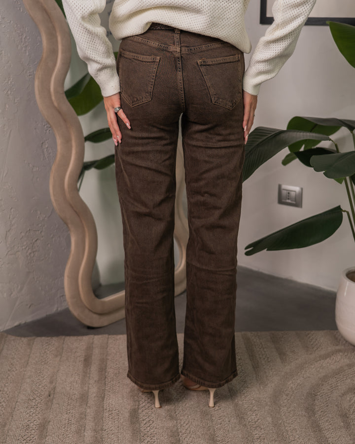Jeans Baggy con Cintura in Ecopelle
