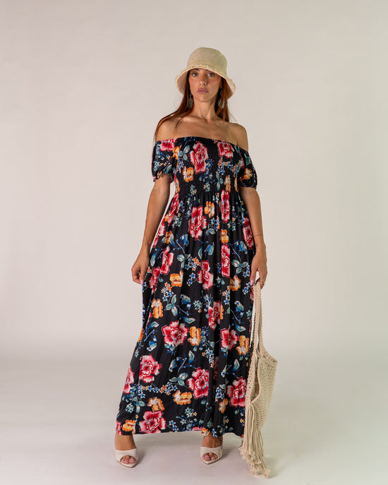 Abito Bardot Nero con Peonie