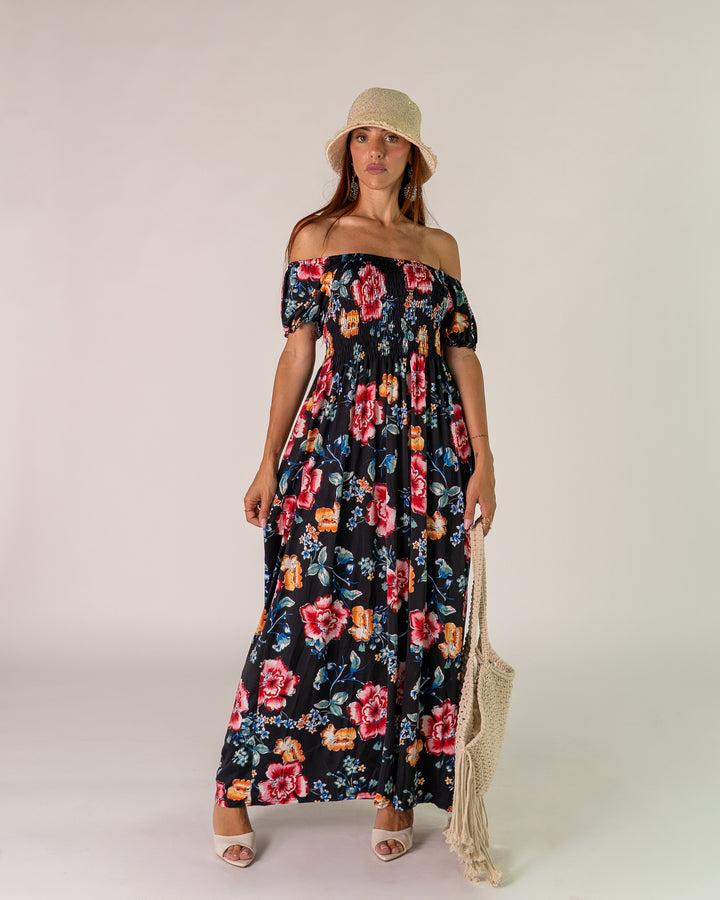 Abito Bardot Nero con Peonie