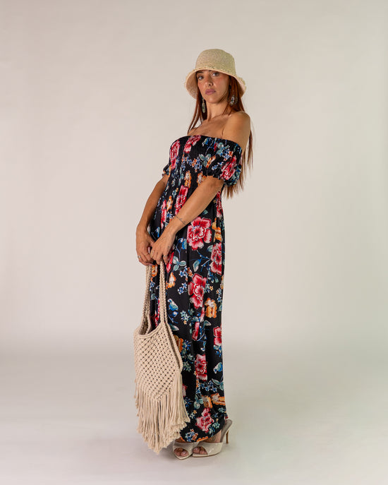 Abito Bardot Nero con Peonie
