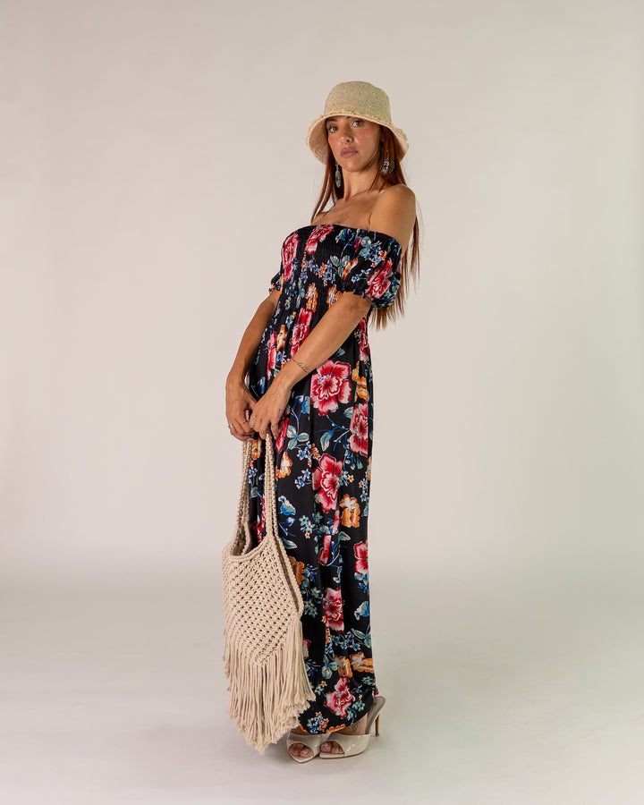 Abito Bardot Nero con Peonie