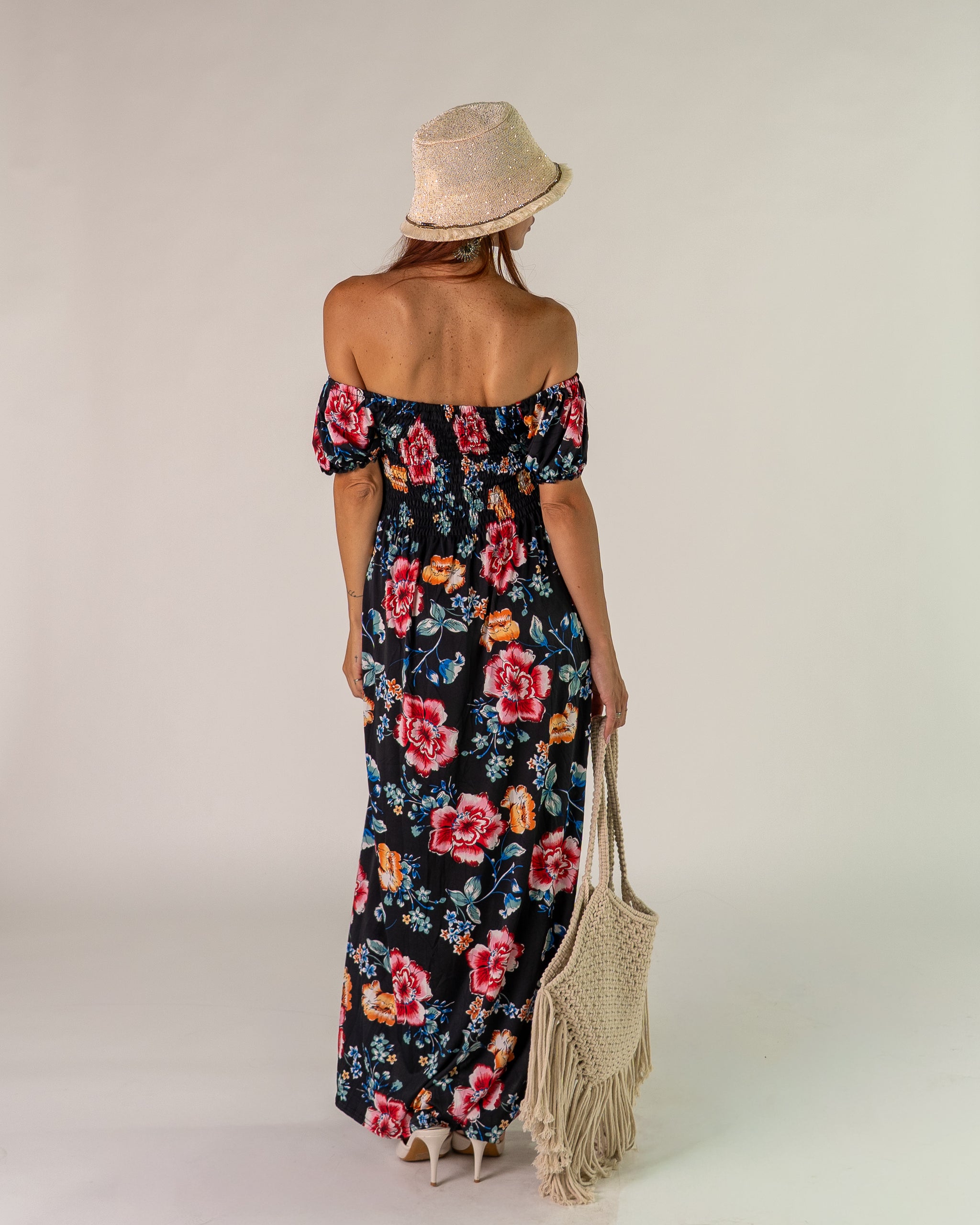 Abito Bardot Nero con Peonie