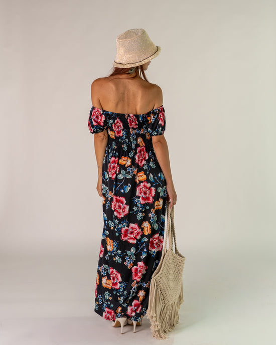 Abito Bardot Nero con Peonie