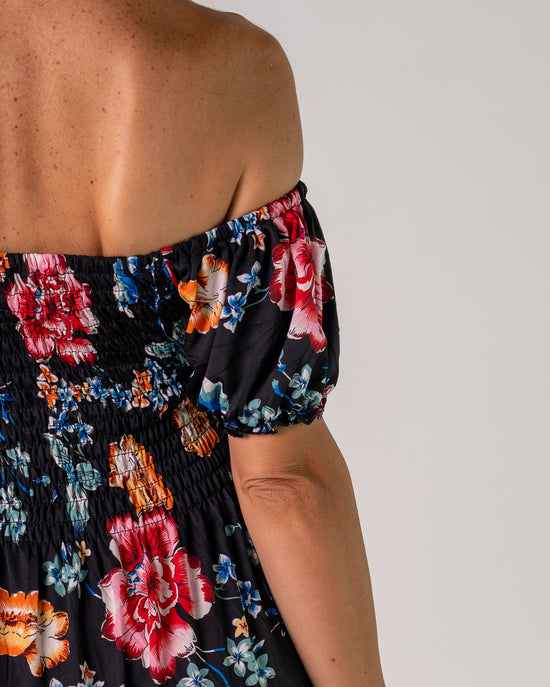 Abito Bardot Nero con Peonie