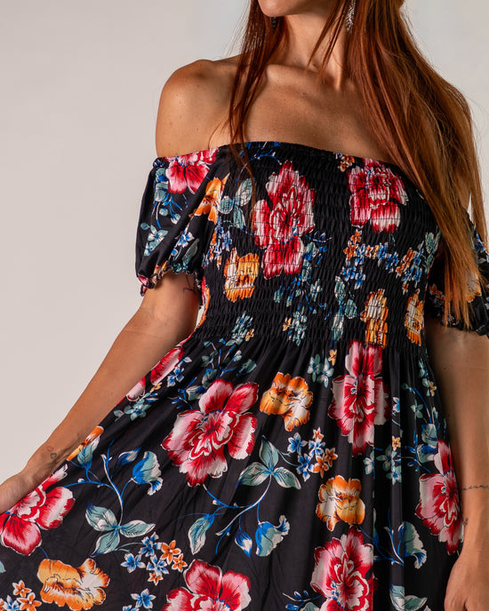 Abito Bardot Nero con Peonie