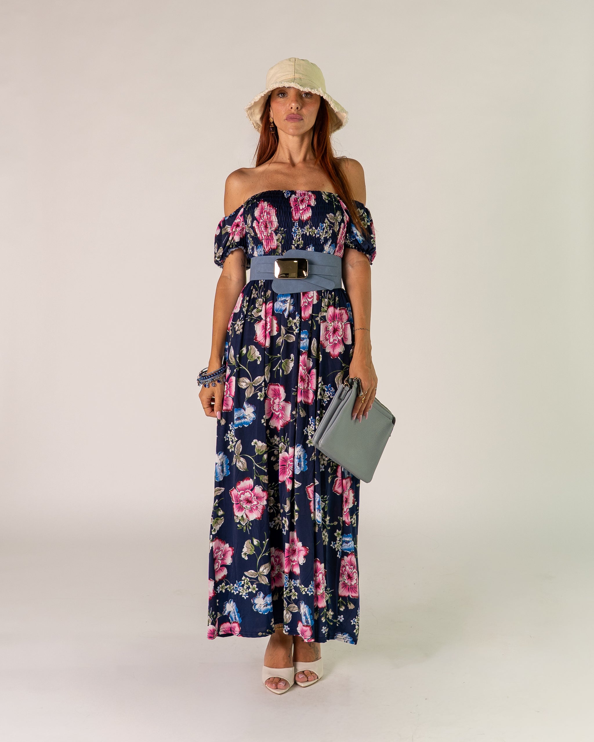 Abito Bardot Blu con Peonie rosa