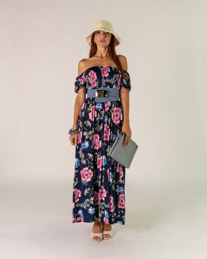 Abito Bardot Blu con Peonie rosa