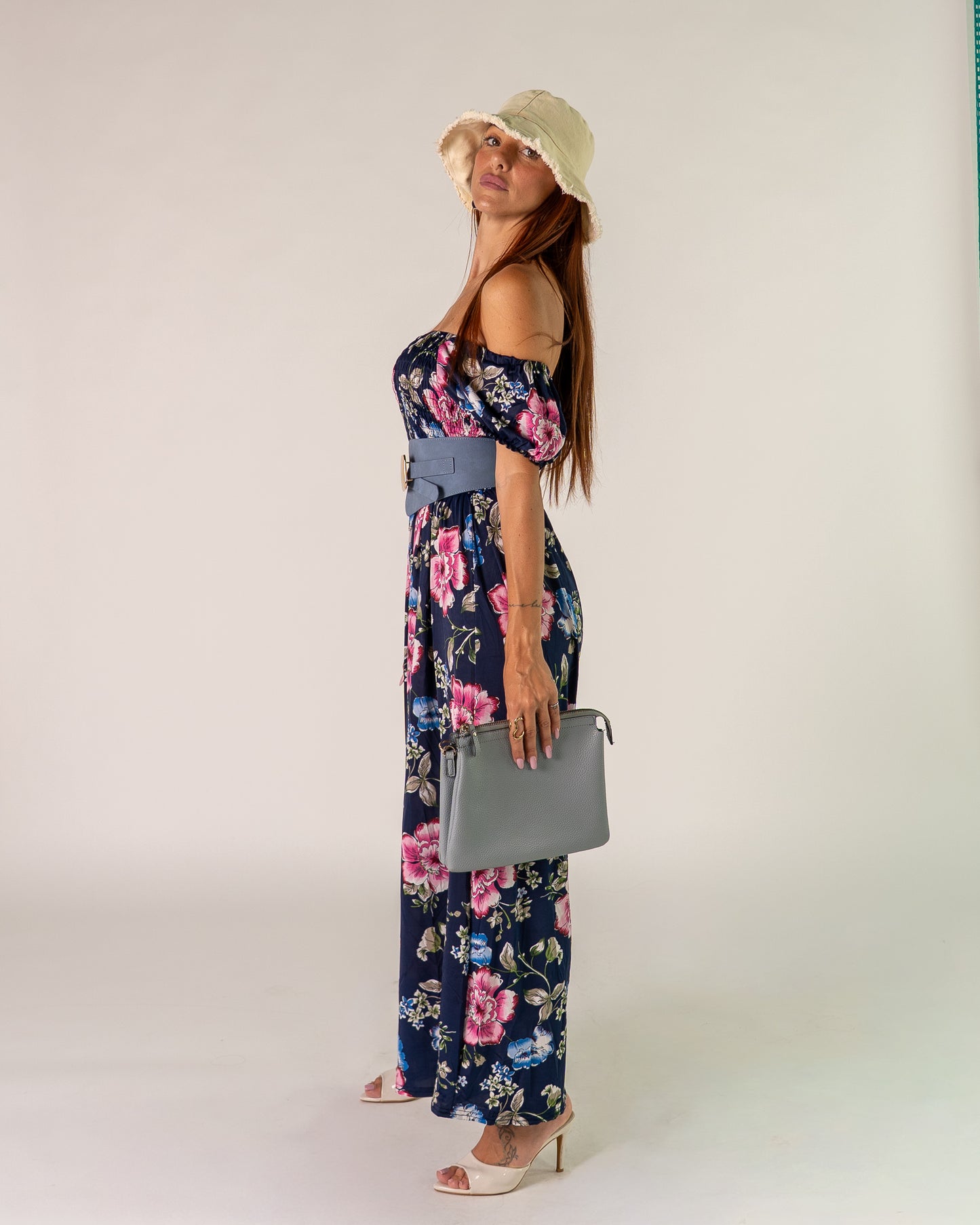 Abito Bardot Blu con Peonie rosa