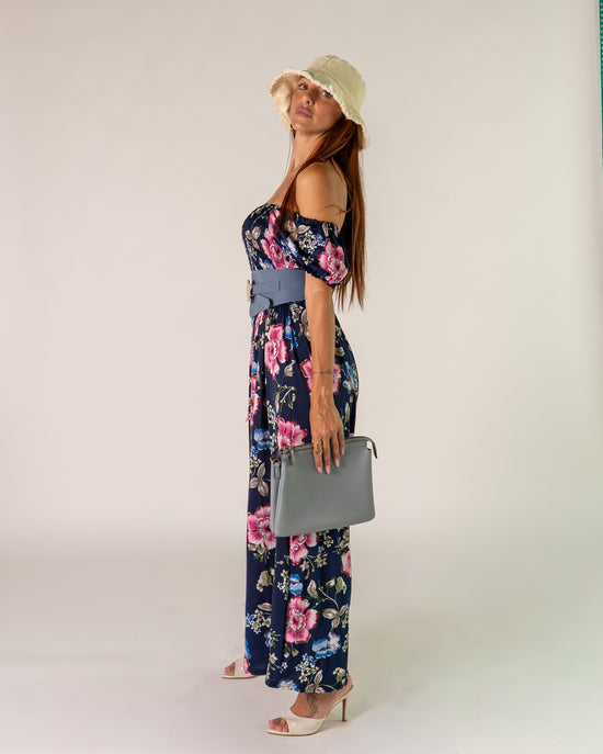 Abito Bardot Blu con Peonie rosa