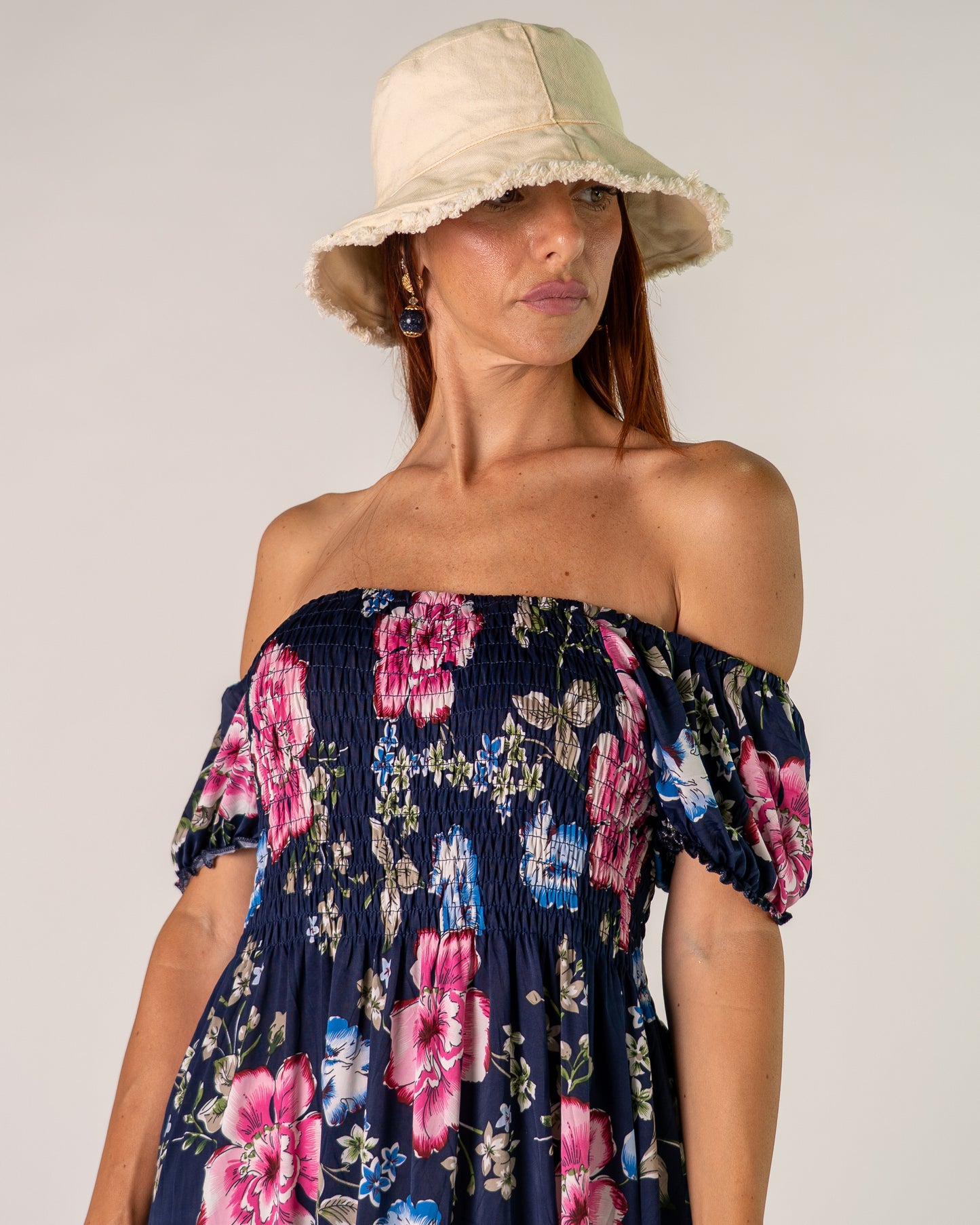 Abito Bardot Blu con Peonie rosa
