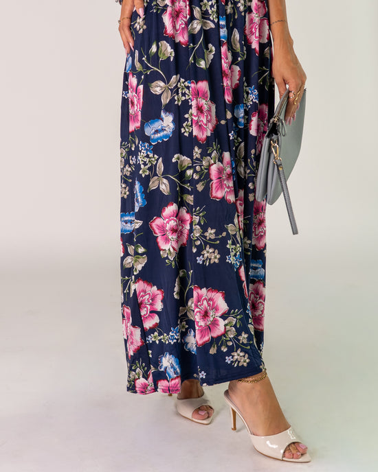Abito Bardot Blu con Peonie rosa