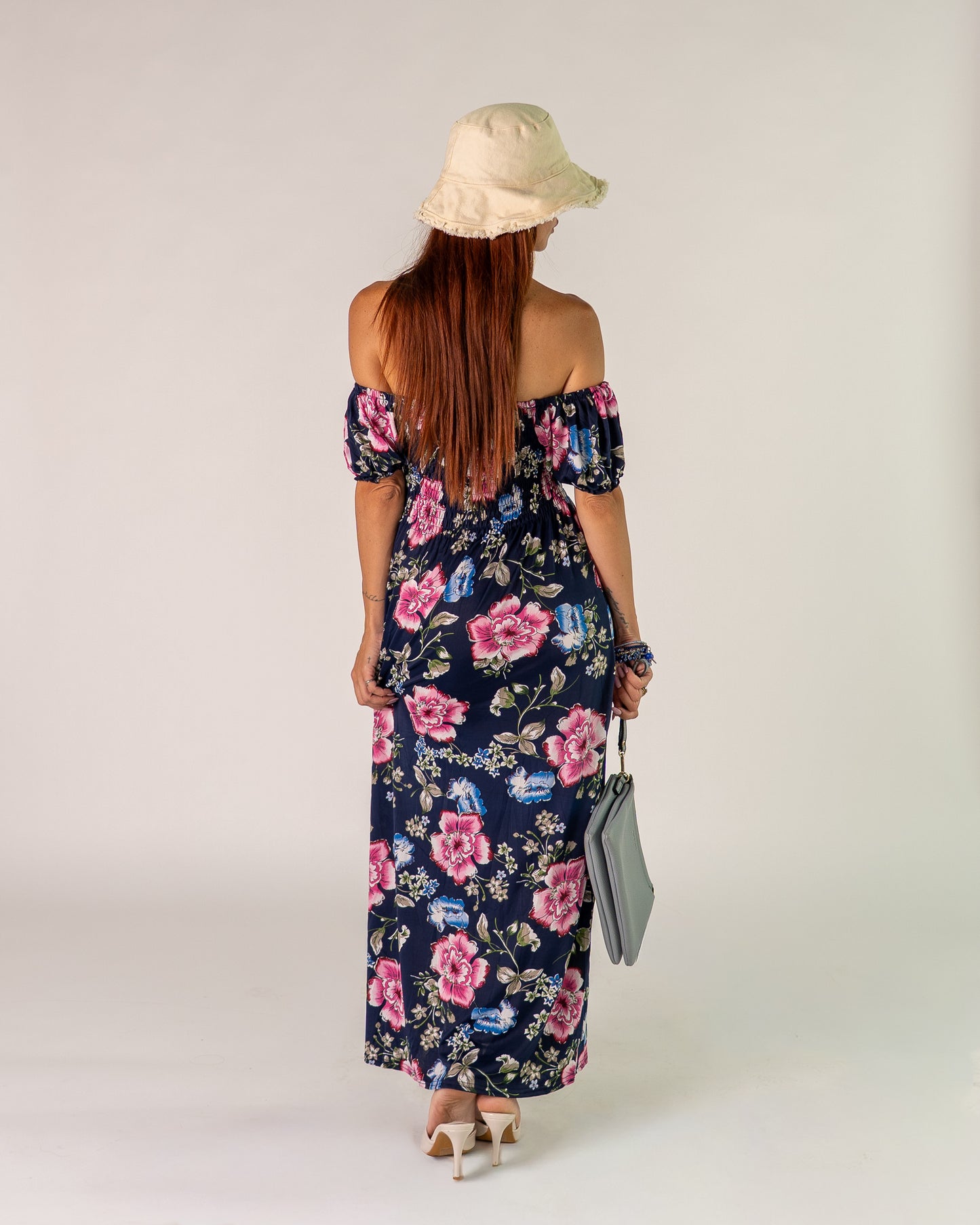 Abito Bardot Blu con Peonie rosa